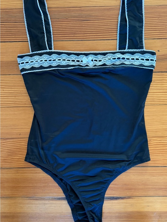 Princess Polly Tops - Princess Polly Black Bodysuit with Cream Lace Trim and Bow